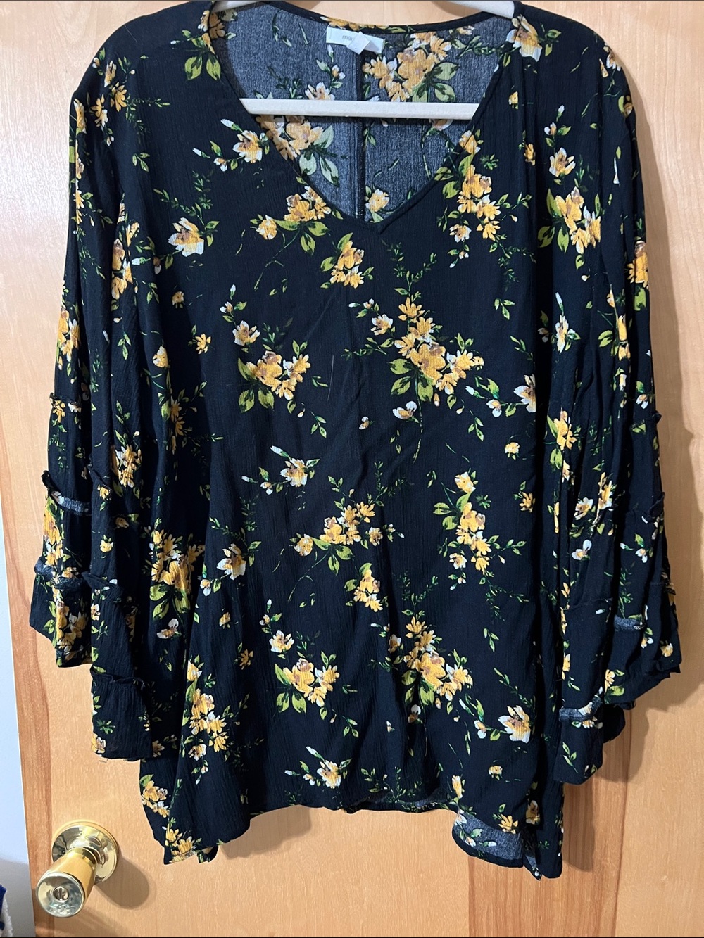 Maurices Black Floral V-Neck Tunic with Yellow Flowers